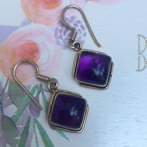 Vintage Artisan Amethyst Cabochon Gemstone Drop Sterling Silver Earrings